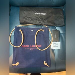 NWT Saint Laurent Rive Gauche Backpack Canvas Navy Tan Red